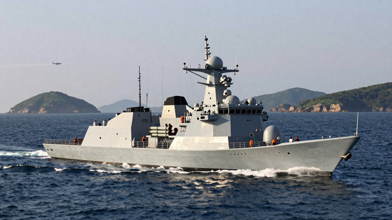 Navio de guerra moderno a navegar no mar com ilhas e avião ao fundo sob céu limpo.