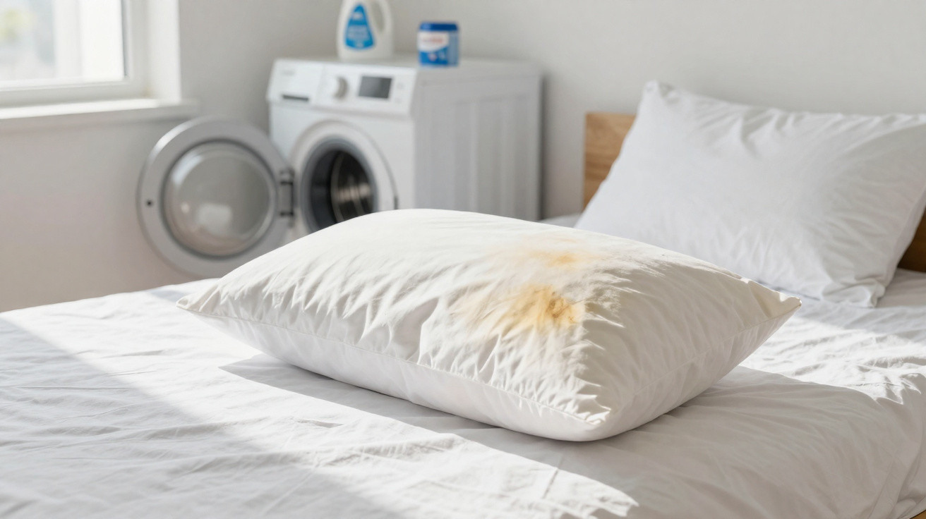 Travesseiro branco com manchas amarelas numa cama branca, com máquina de lavar roupa ao fundo.
