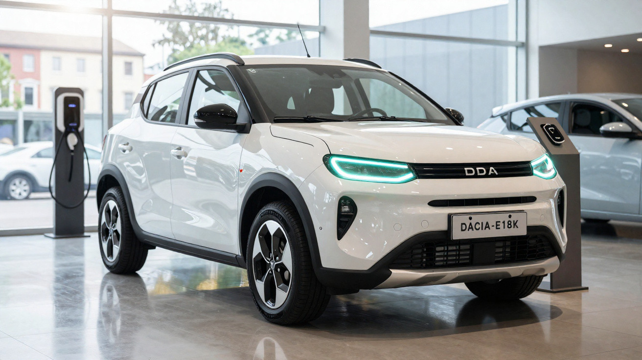 Carro elétrico branco Dacia E18K em exposição interior com carregador elétrico ao lado.