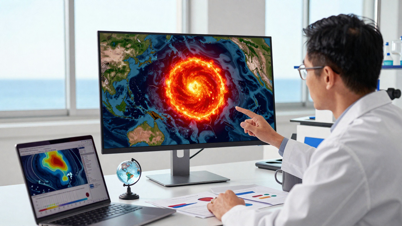 Cientista analisa no ecrã computadorizado simulação de furacão em forma de espiral num mapa global.