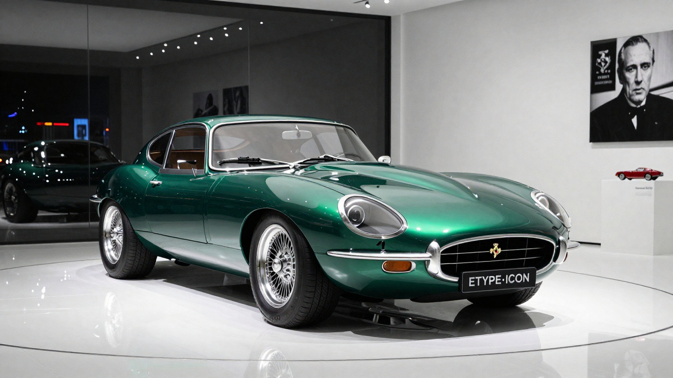 Carro desportivo clássico verde metálico exposto num museu com placa ETYPE-ICON.
