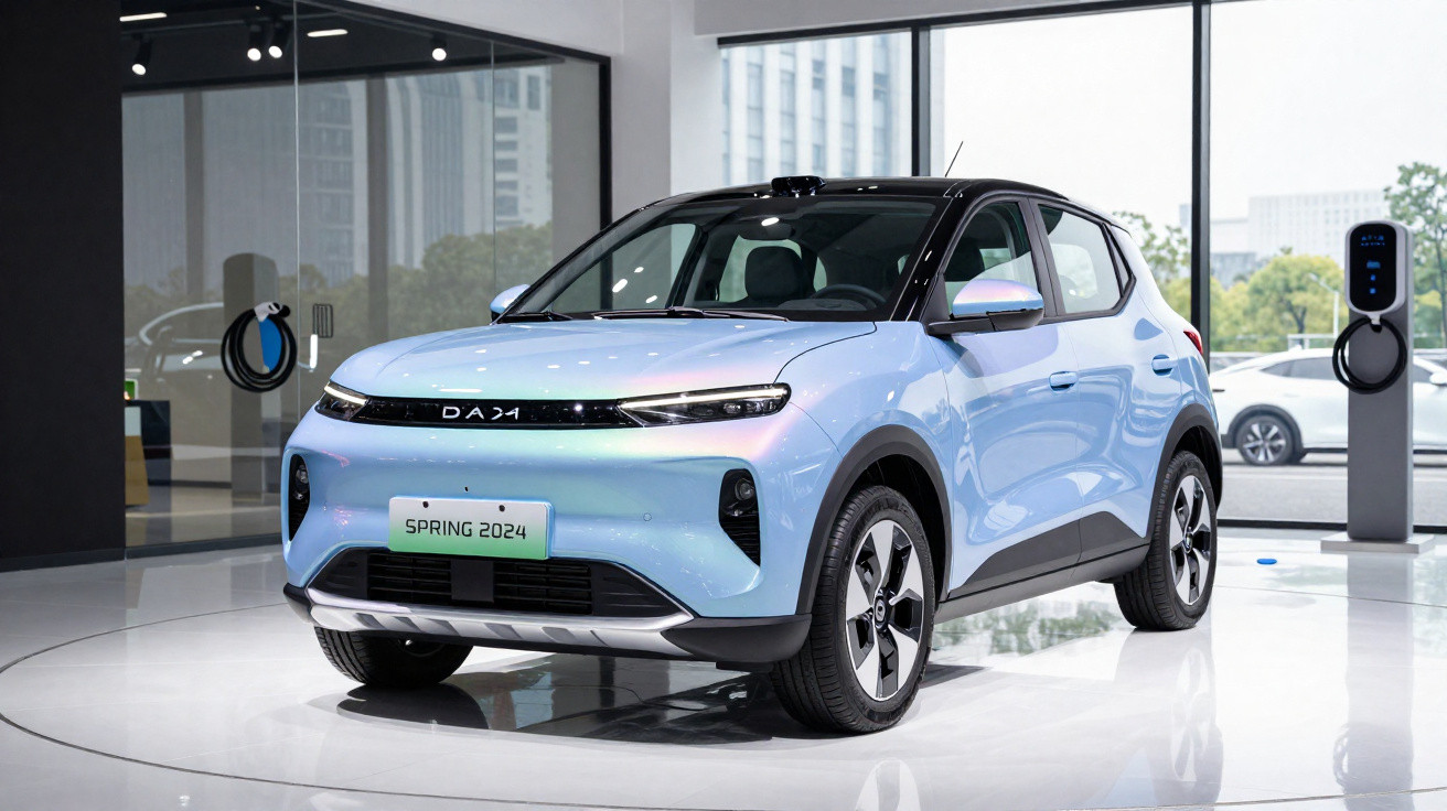 Carro elétrico compacto azul claro estacionado numa exposição moderna com carregador elétrico visível ao fundo.