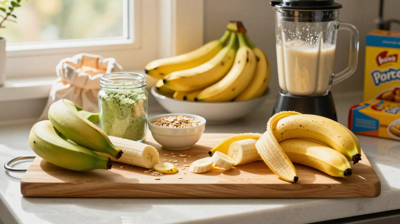 Tábua com bananas inteiras e cortadas, aveia, pó verde, liquidificador com smoothie e mais bananas ao fundo.