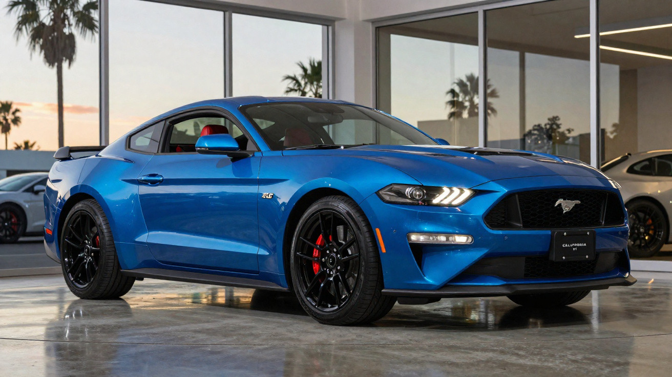 Carro desportivo azul Ford Mustang GT estacionado num showroom com paredes de vidro.