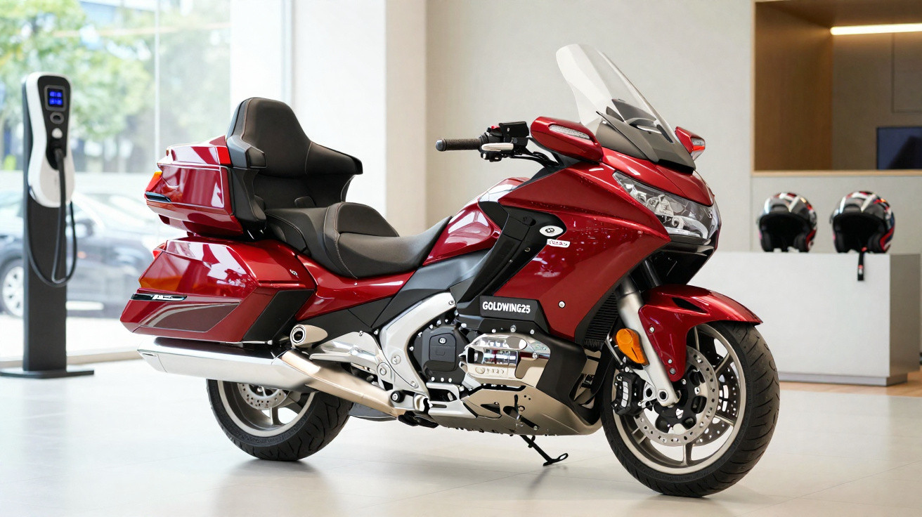 Motociclismo Honda Goldwing vermelho estacionado ao lado de posto de carregamento elétrico interior.