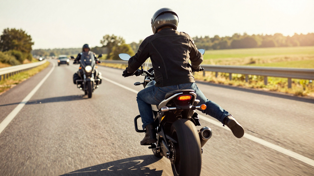Duas pessoas em motos a circular numa estrada ao entardecer, com equipamento de proteção.