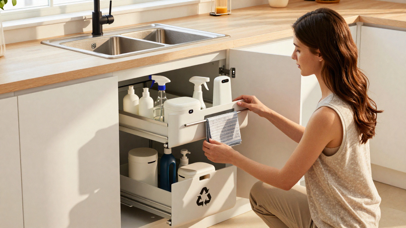 Mulher a organizar produtos de limpeza e recicláveis numa cozinha moderna com armário aberto.