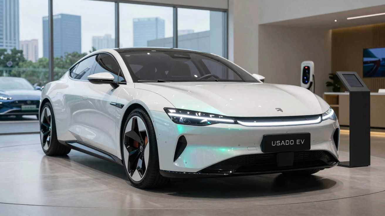 Carro elétrico branco moderno exposto em showroom com luzes LED e jantes aerodinâmicas, placa "USADO EV".