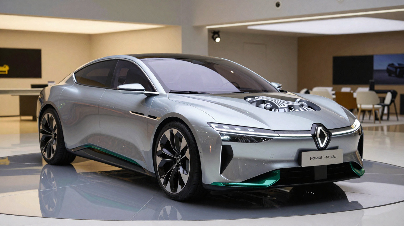 Automóvel desportivo elétrico Renault Horse Metal cinzento com design futurista e motor visível no capô.
