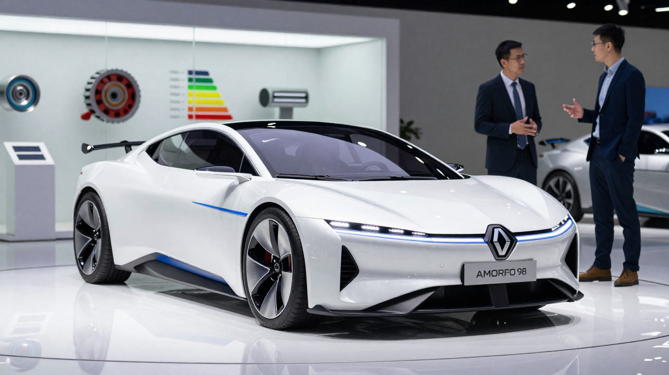 Carro desportivo elétrico branco Renault Amorfo 98 em exposição com dois homens a conversar ao fundo.