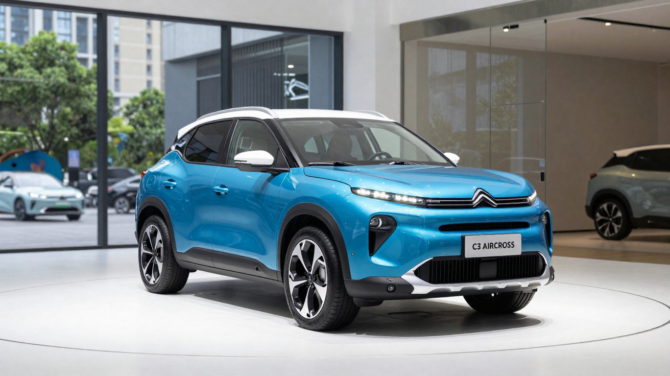 Automóvel Citroën C3 Aircross azul exibido em salão automóvel moderno com janelas de vidro.