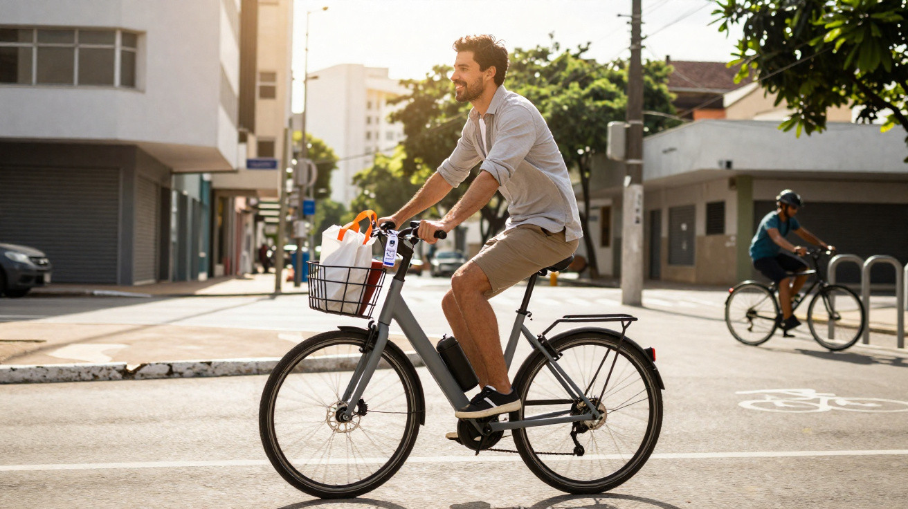 Homem a pedalar bicicleta eletrónica com compras num cesto na cidade num dia ensolarado.