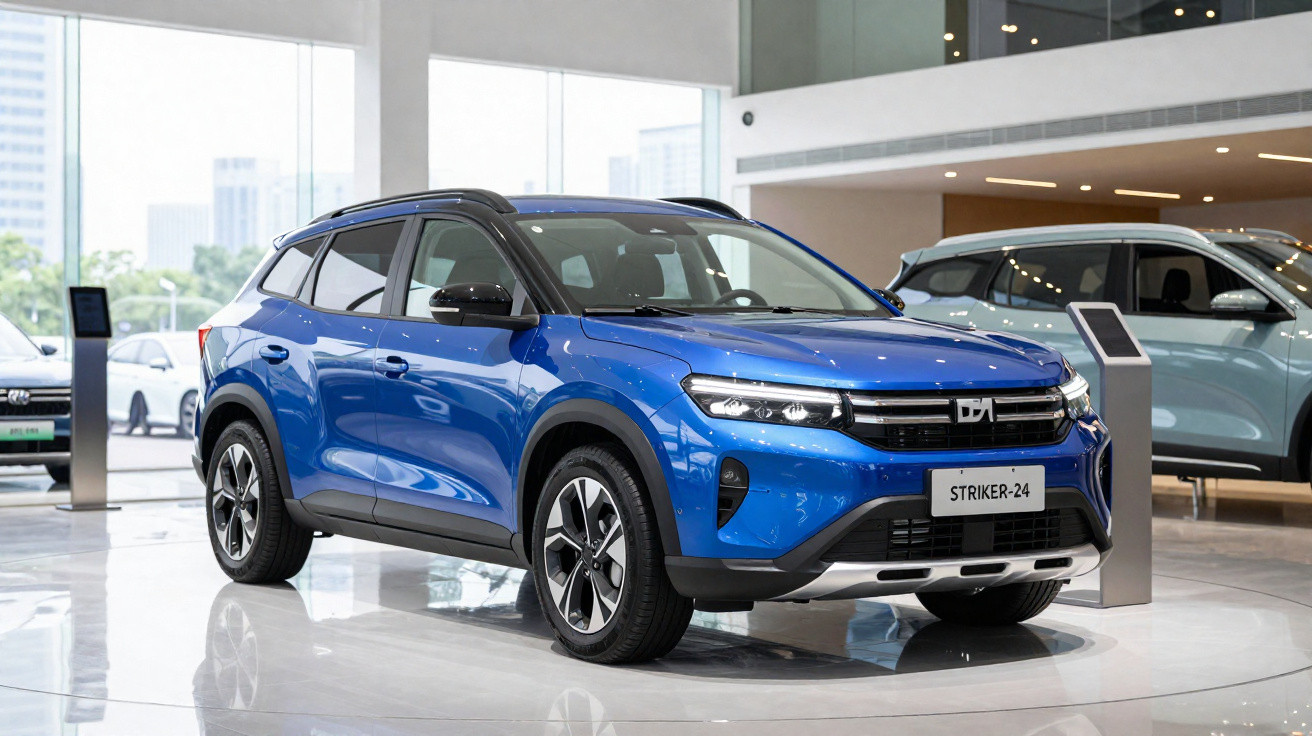 SUV azul Striker-24 em exposição numa sala de carros moderna com grandes janelas e luz natural.