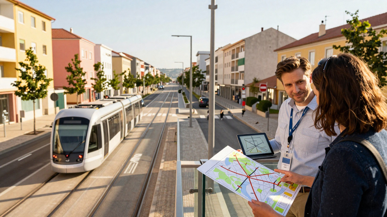 Duas pessoas a discutir um mapa de transportes num nova estação de metro numa zona urbana moderna.