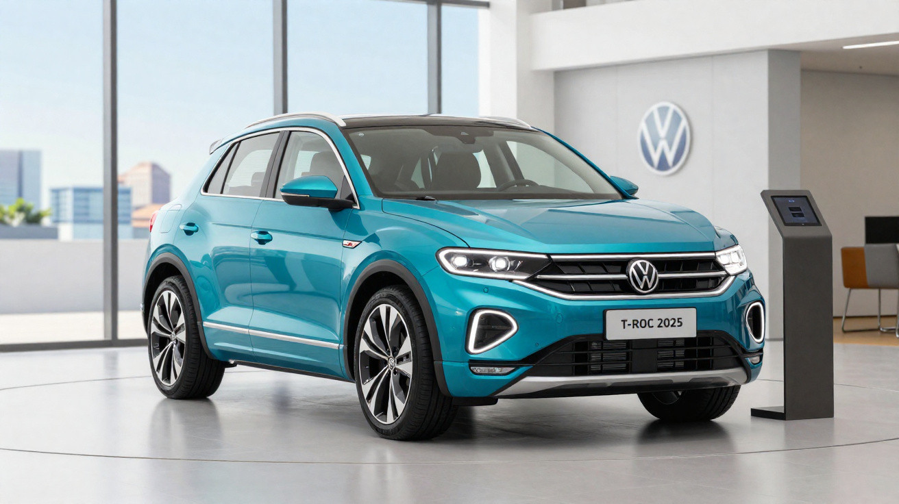 Carro Volkswagen T-Roc 2025 azul exibido numa sala moderna de exposição, com painéis de vidro ao fundo.