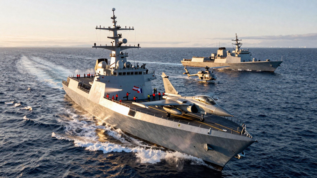 Dois navios militares em mar aberto, com avião e helicóptero a bordo, sob céu claro ao amanhecer.