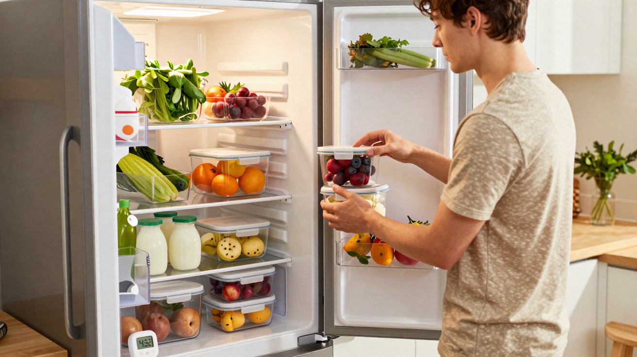 Pessoa a guardar frutas em frascos dentro de frigorífico aberto com variados alimentos frescos.