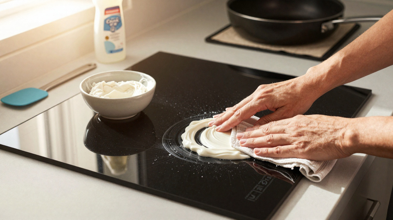 Mãos a limpar placa vitrocerâmica preta com creme de limpeza e pano branco numa cozinha moderna.