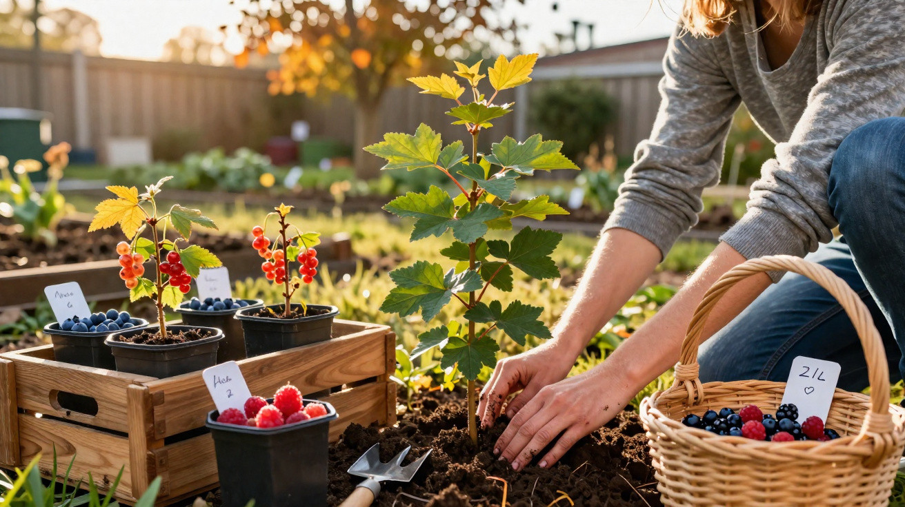 Pessoa a plantar muda de árvore de fruto num jardim com cestos e vasos de frutos vermelhos variados.