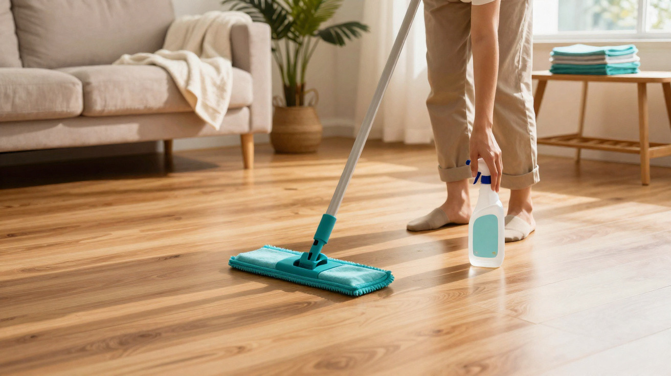 Pessoa a limpar chão de madeira com esfregona azul e spray limpador numa sala iluminada e decorada.