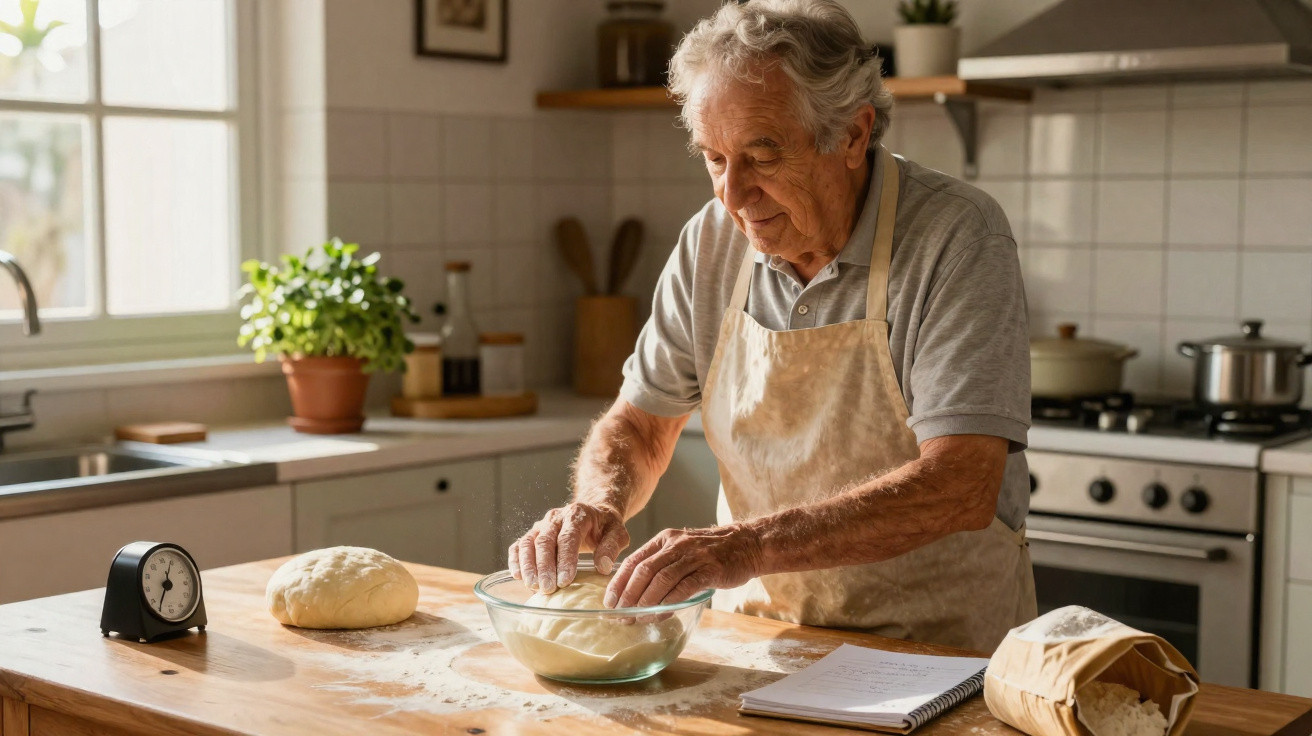 Idoso a preparar massa de pão numa cozinha luminosa com avental e utensílios de cozinha à volta.