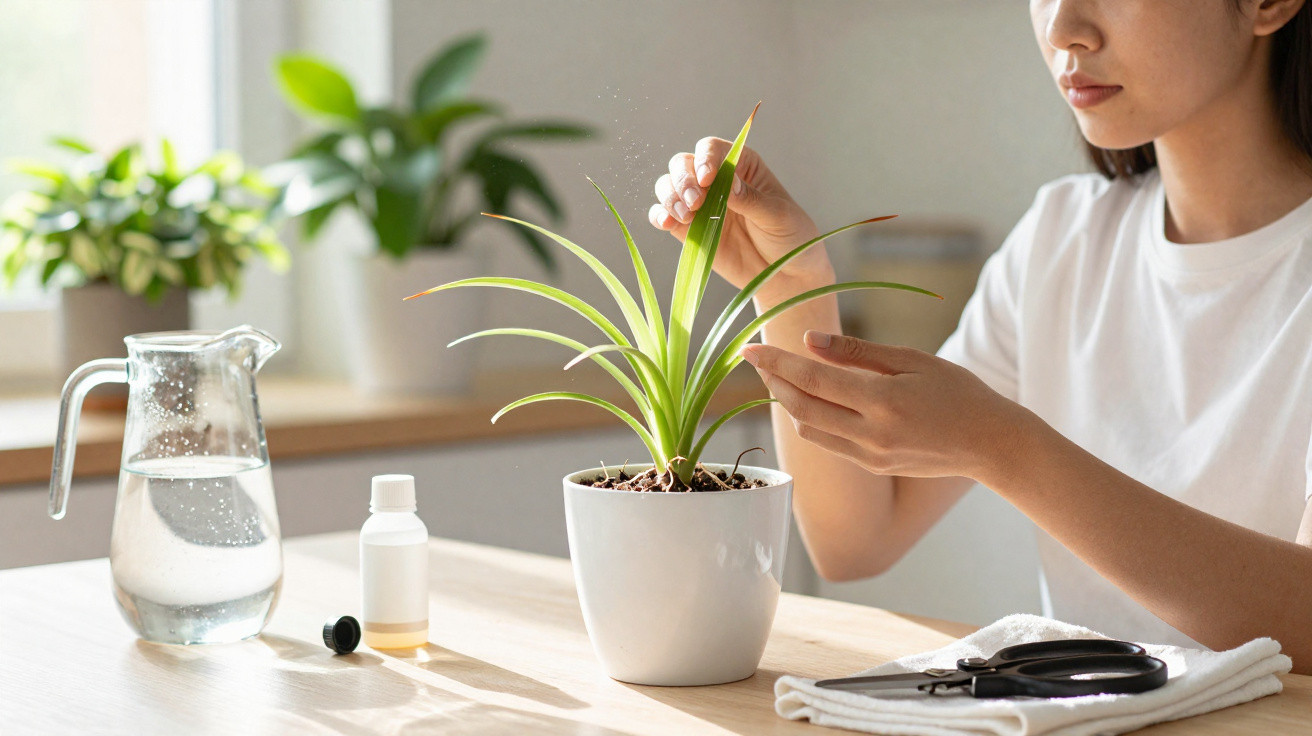 Pessoa a cuidar de planta em vaso branco com jarro de água e frasco numa mesa iluminada pela luz natural.