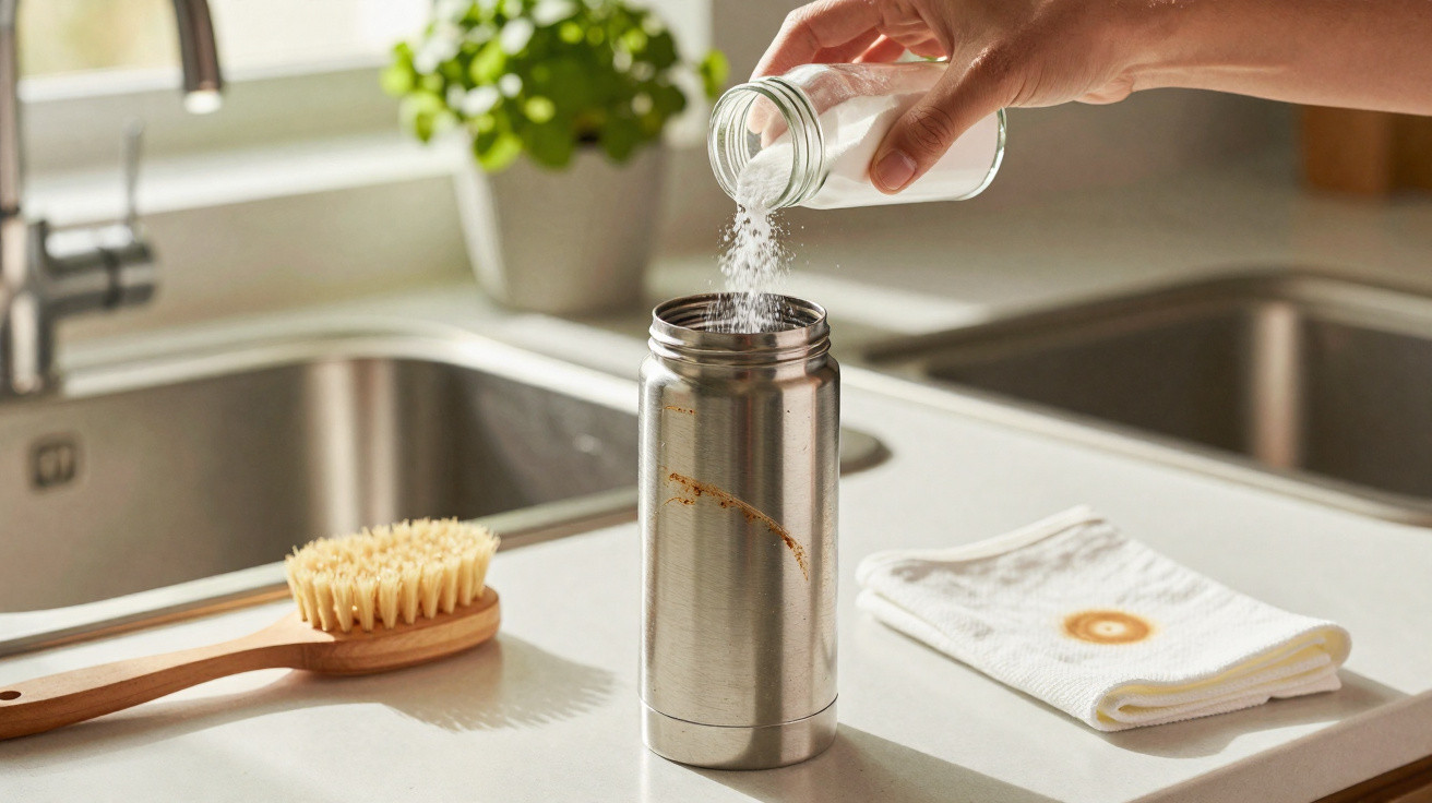 Mão a deitar sal num recipiente metálico na cozinha, ao lado de escova e pano branco sobre bancada.
