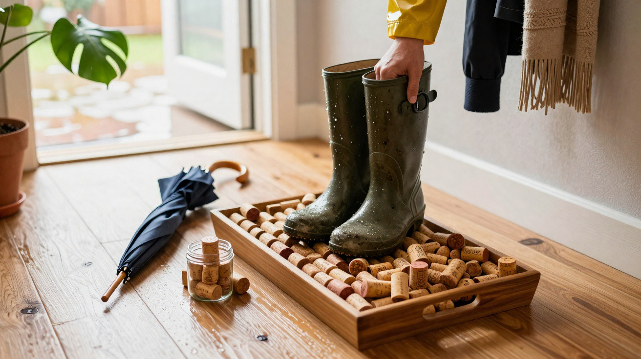 Pessoa a secar botas de borracha verdes húmidas em tabuleiro de madeira cheio de rolhas, ao lado de guarda-chuva fechado.
