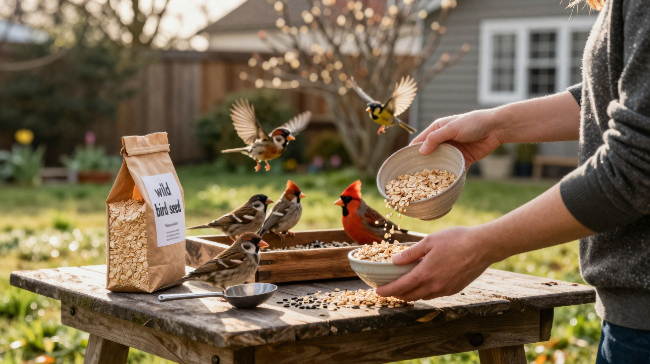 Pessoa a alimentar pássaros com sementes numa mesa de madeira num jardim ensolarado.