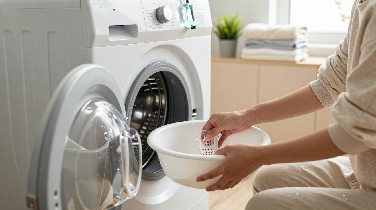 Pessoa a colocar pastilhas de detergente numa máquina de lavar branca em casa.