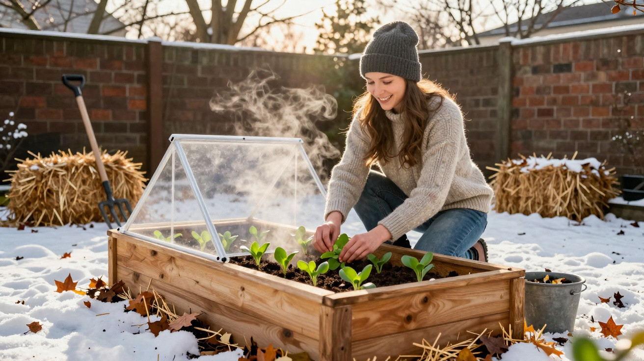 Mulher a jardinar em estufa pequena com folhas de plantas, rodeada de neve e fardos de palha.