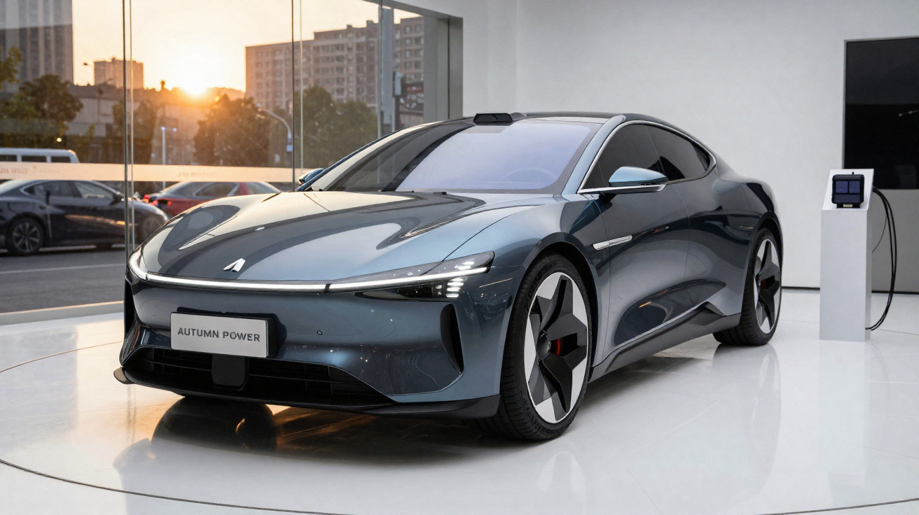 Carro elétrico cinza moderno em exposição numa sala com luz natural ao entardecer.
