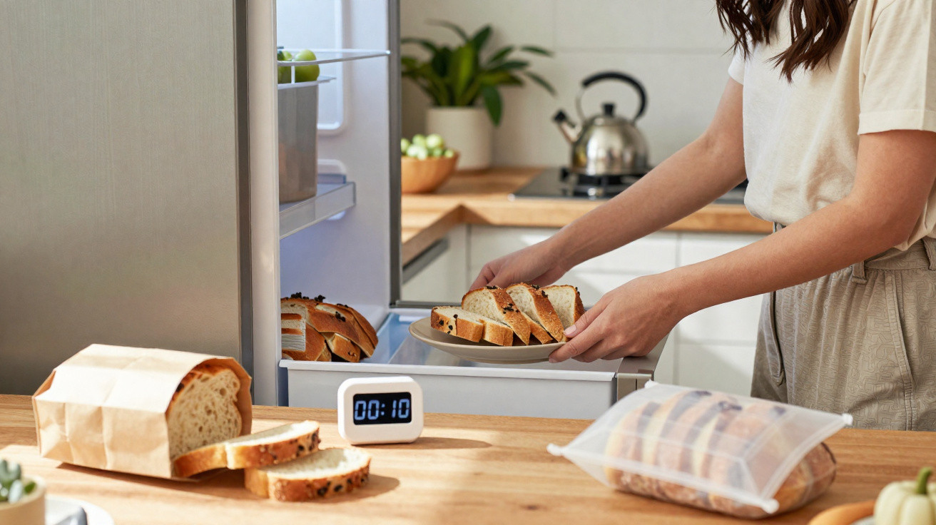 Pessoa a guardar fatias de pão num frigorífico numa cozinha moderna e iluminada.
