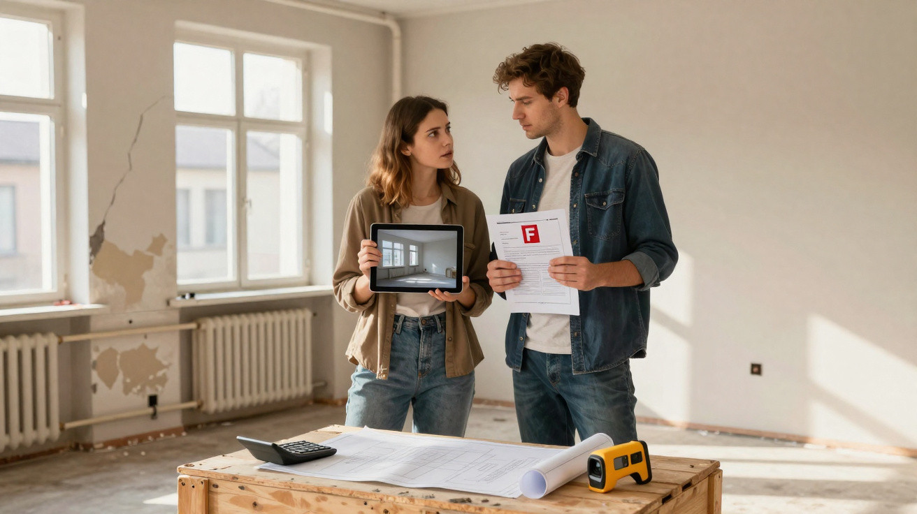 Casal em casa antiga a analisar danos e planos de renovação para reparações na parede e janela.