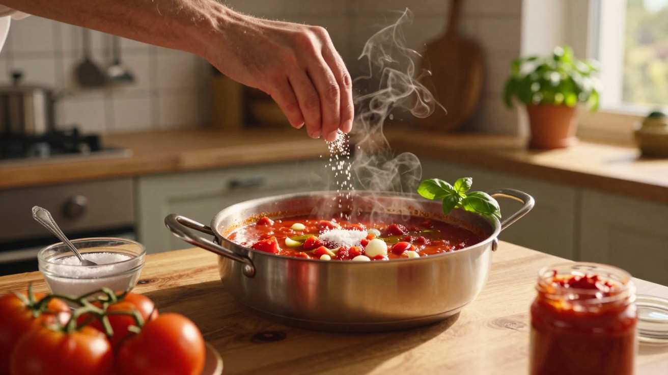 Mão a salpicar sal numa panela com molho de tomate fumegante na cozinha iluminada a luz natural.