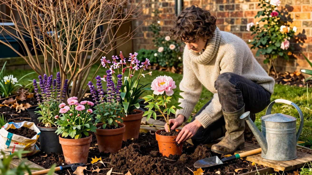 Pessoa a plantar flores em vaso num jardim com várias plantas e ferramentas.