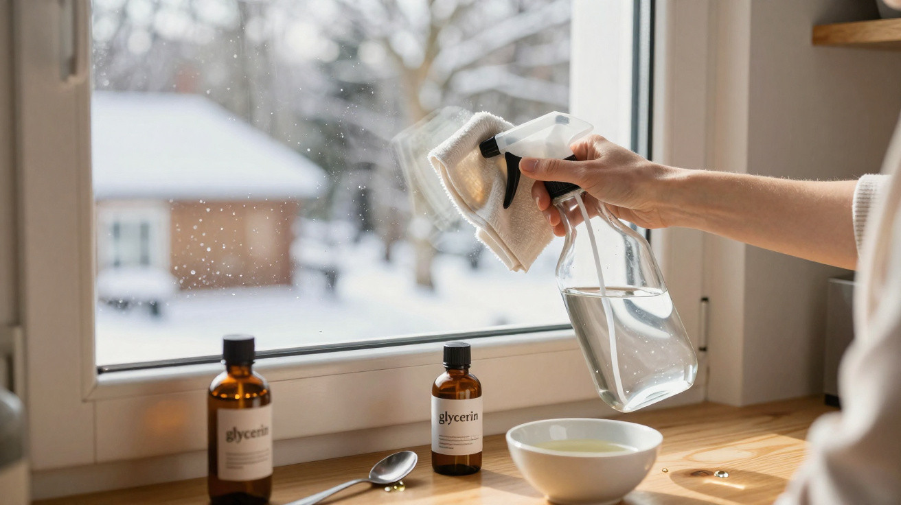 Pessoa a limpar uma janela com pano branco e pulverizador, com frascos de glicerina e neve visível do lado de fora.