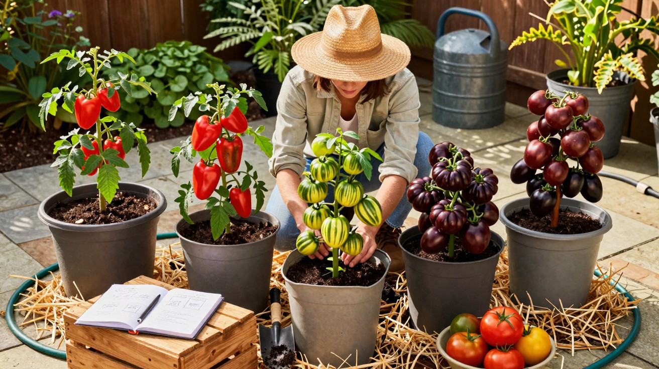 Mulher de chapéu a cuidar de plantas de tomate em vaso no jardim com regador e caderno.