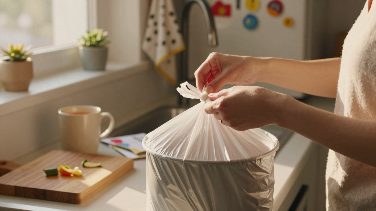 Mãos a fechar saco do lixo branco sobre uma lata na cozinha com luz natural e alimentos no balcão.