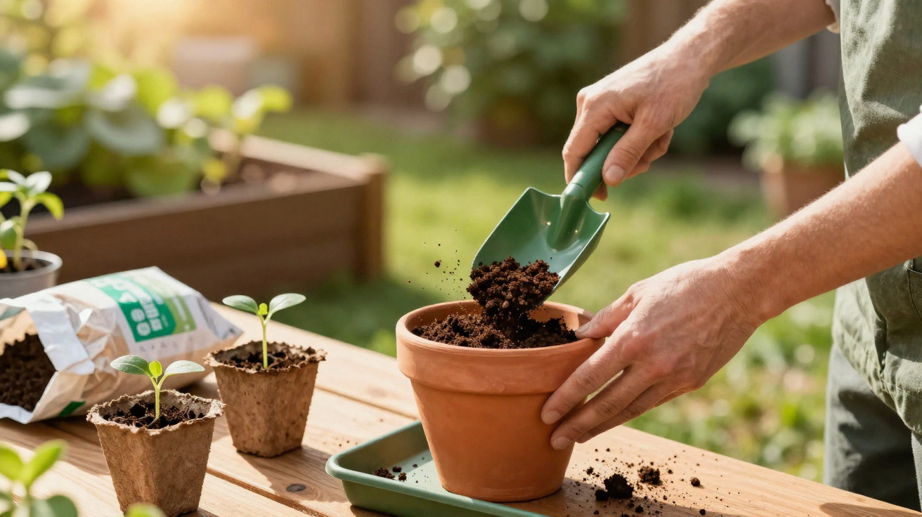 Pessoa a encher vaso de barro com terra usando uma pequena pá num jardim ensolarado.