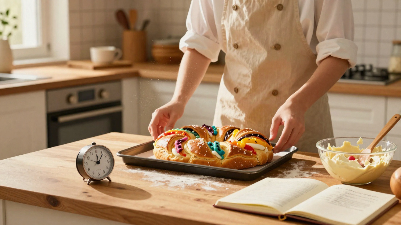 Pessoa a retirar bolo colorido decorado num tabuleiro numa cozinha luminosa, com livro de receitas aberto.