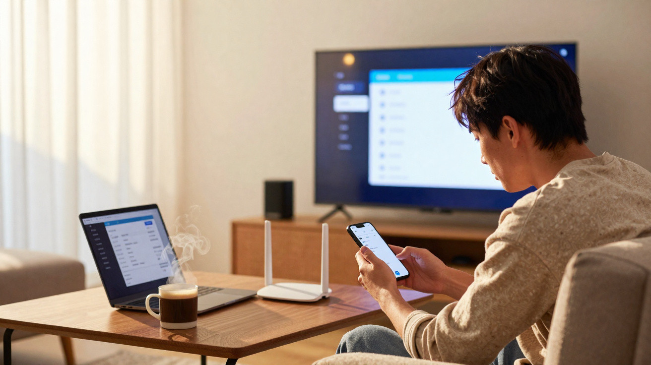 Homem sentado no sofá a usar telemóvel, com portátil, router e televisão ligados numa sala iluminada.