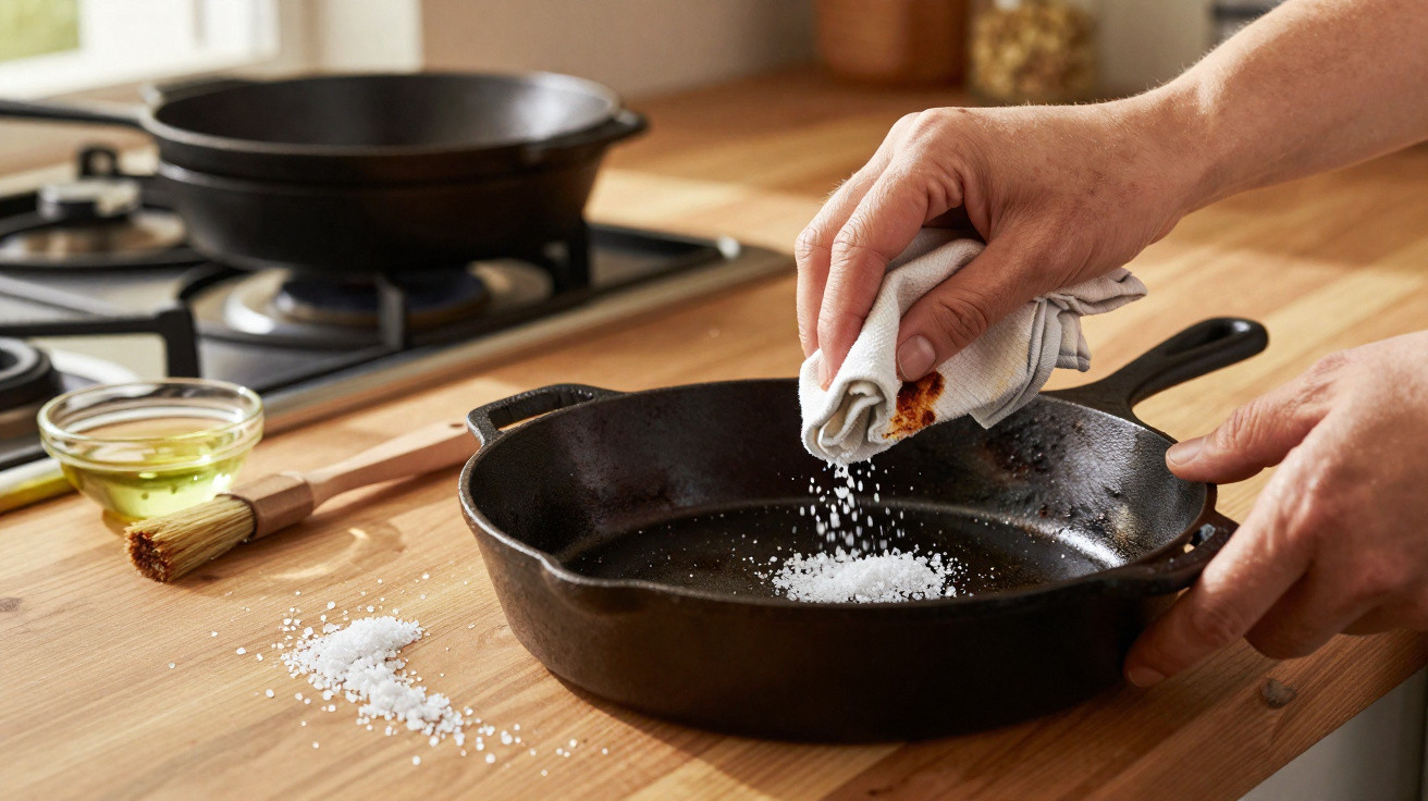 Pessoa a polvilhar sal numa frigideira de ferro numa cozinha com bancada de madeira.