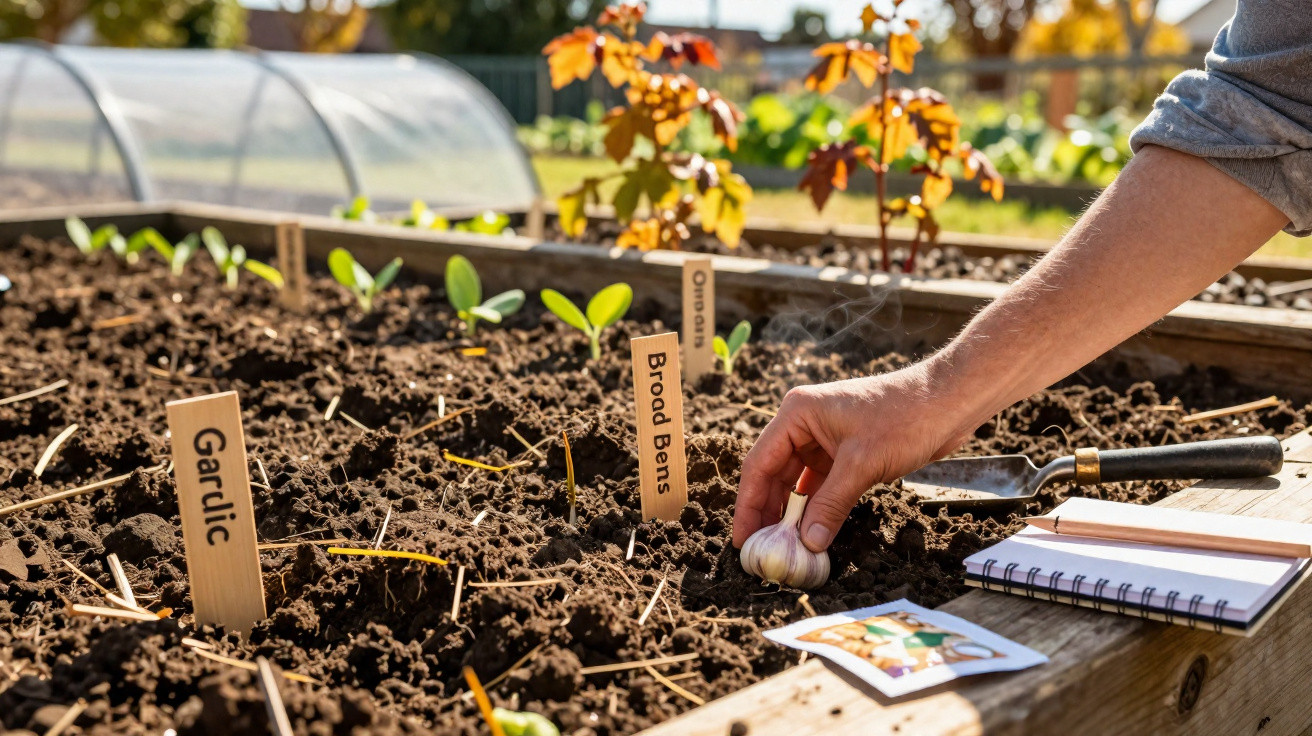 Mão a plantar um dente de alho numa horta com etiquetas de plantas e caderno para anotações.