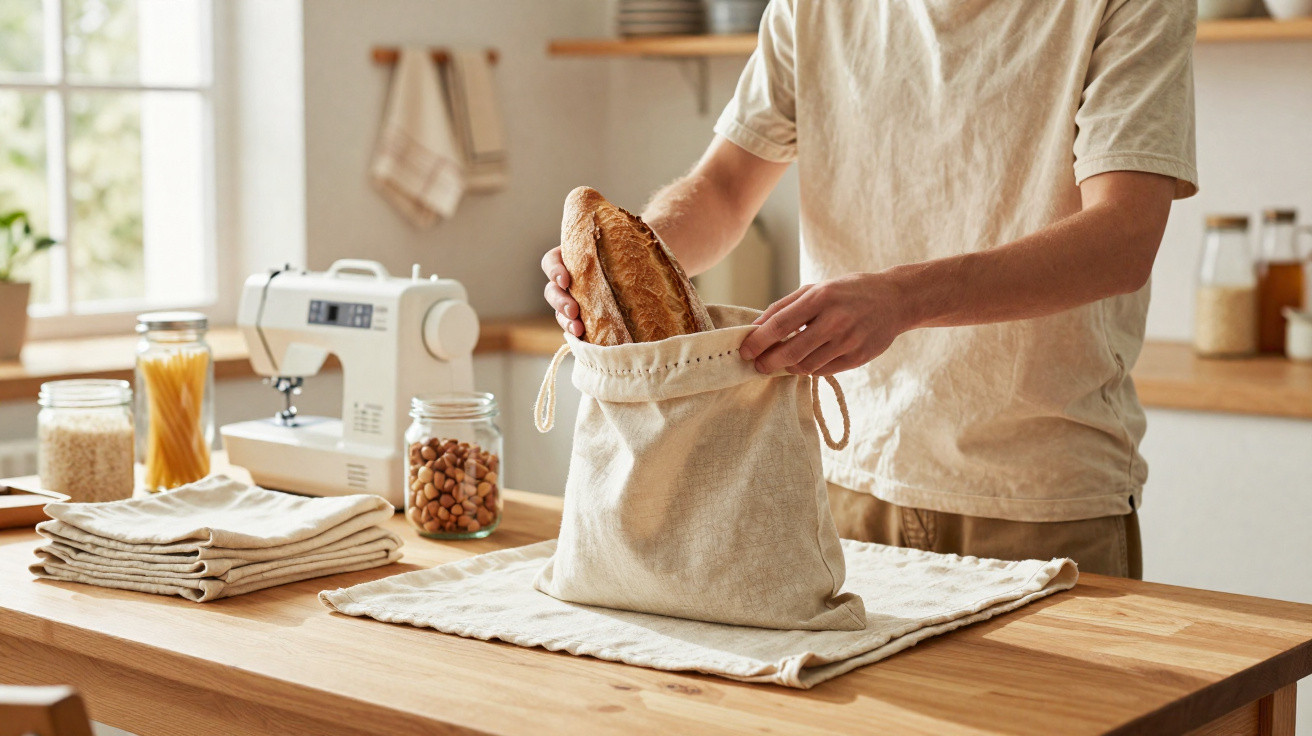 Pessoa a guardar pão numa sacola de pano numa cozinha com vários frascos e máquina de costura.