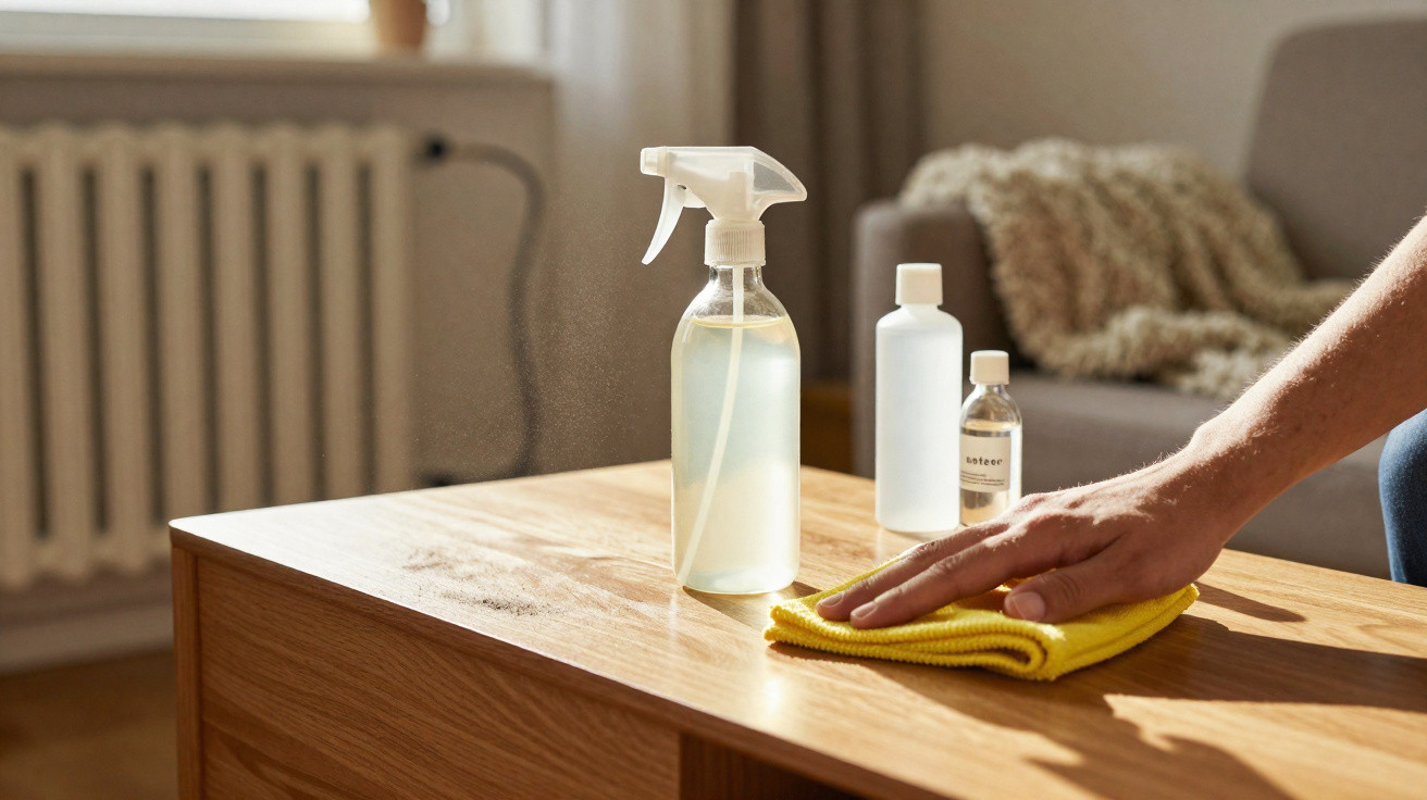 Pessoa a limpar uma mesa de madeira com um pano amarelo e produtos de limpeza em spray.