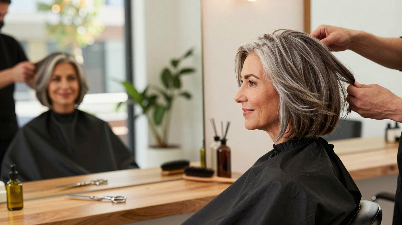Mulher de cabelo grisalho sentada no cabeleireiro enquanto profissional arruma o seu cabelo.