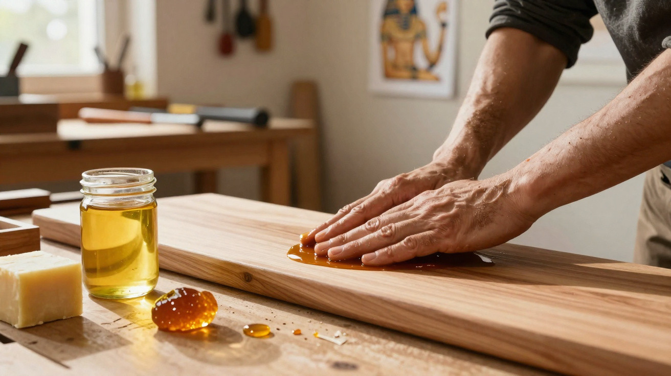 Mãos a limpar ou aplicar óleo numa tábua de madeira numa cozinha com jarra de óleo e sabonete por perto.