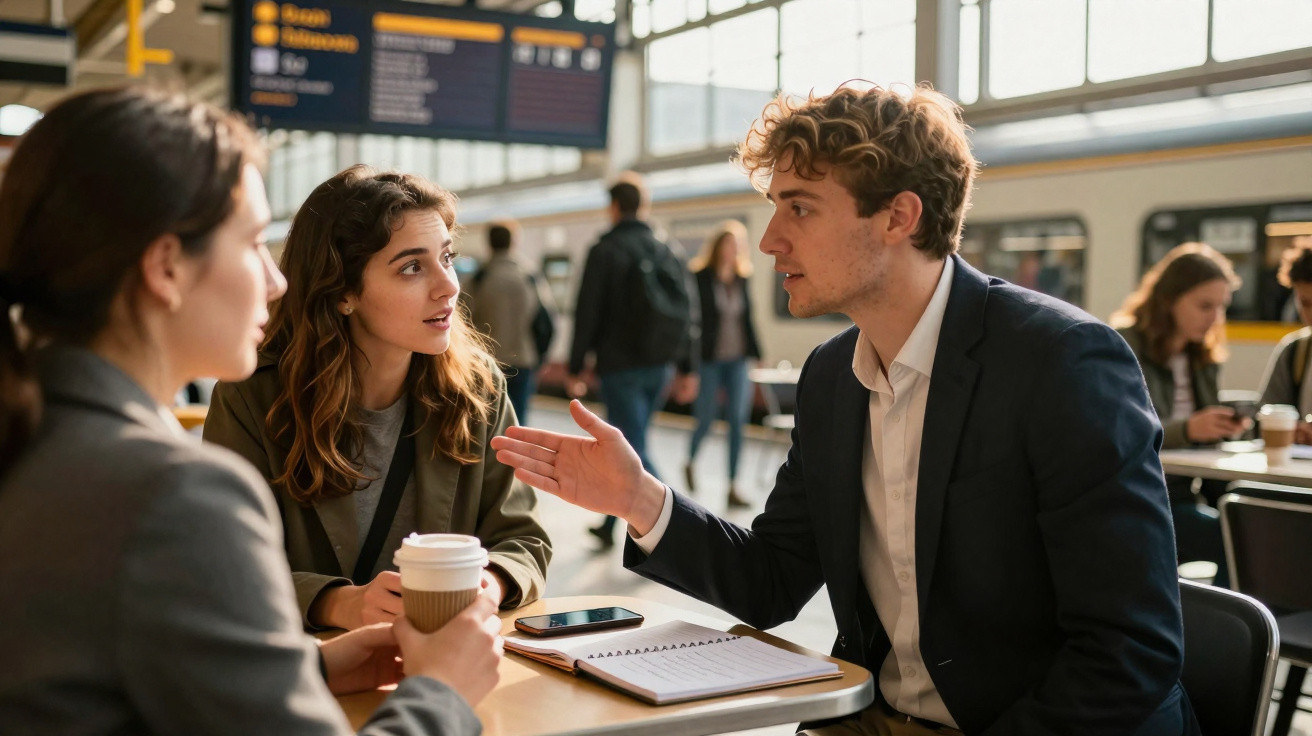 Três jovens conversam sentados à mesa numa estação de comboios, com café e caderno à frente.