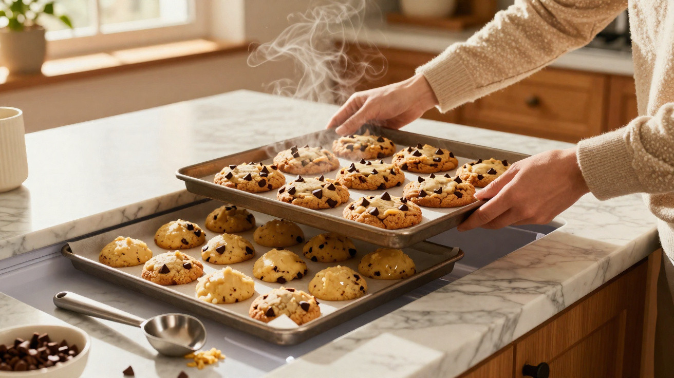 Pessoas a tirar do forno tabuleiros com bolachas de chocolate ainda a fumegar numa cozinha luminosa.